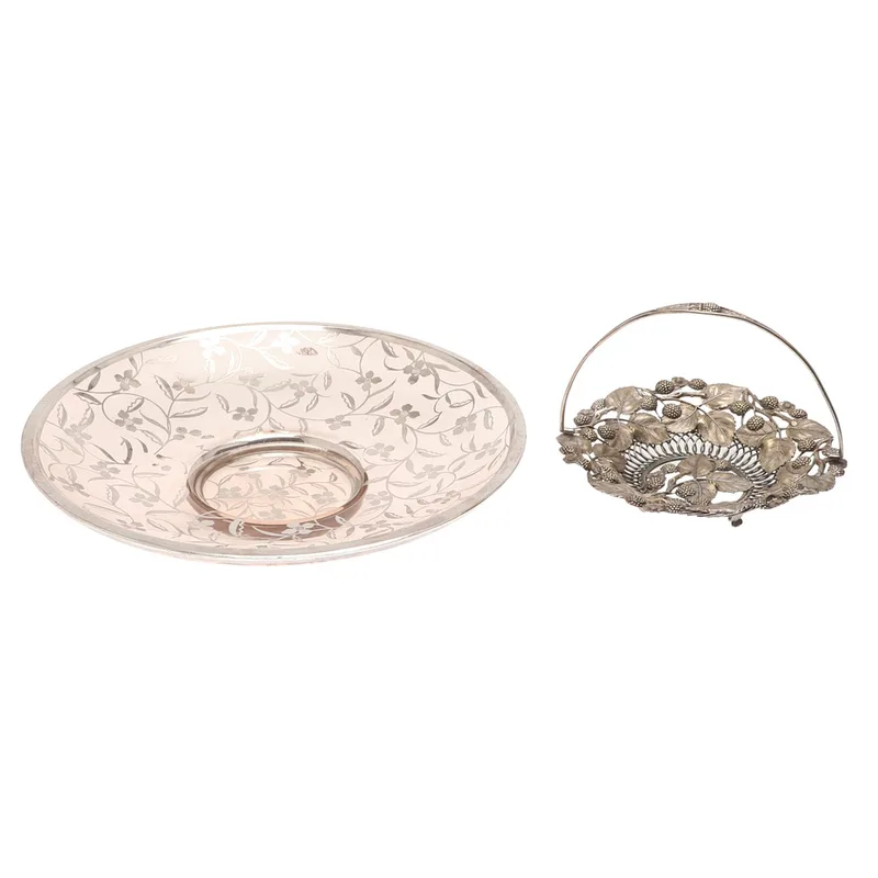 A Glass Fruit Bowl and a Silver Coloured Metal Swing Handled Dish