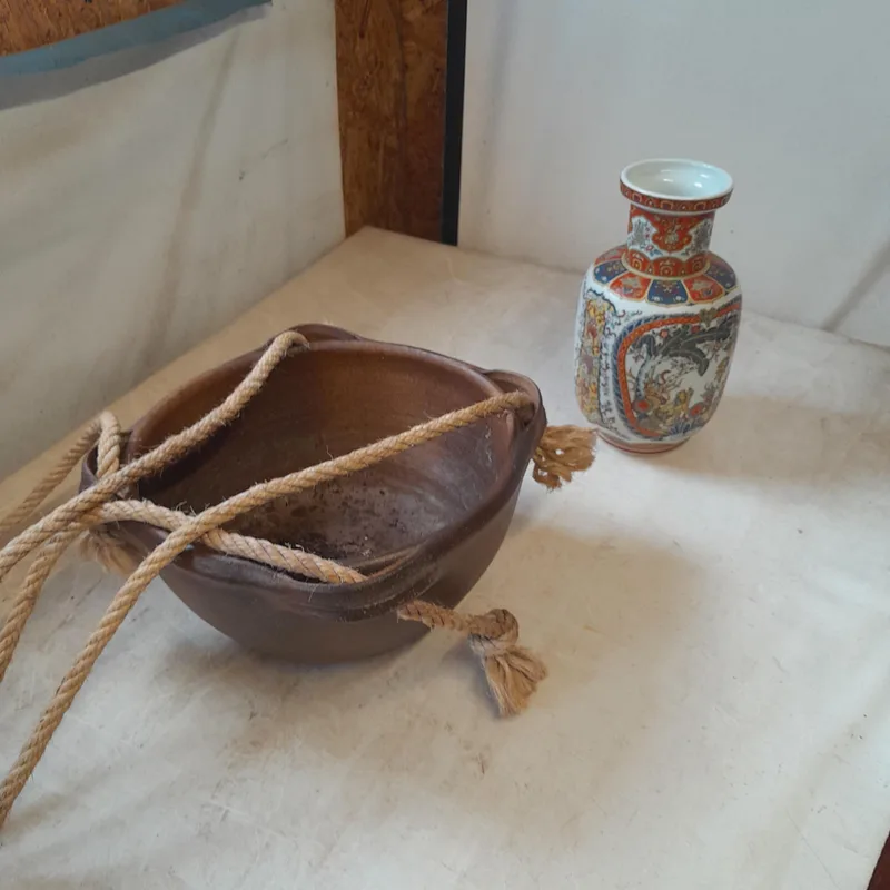 Vintage Chinese Eken pottery vase and stoneware hanging basket