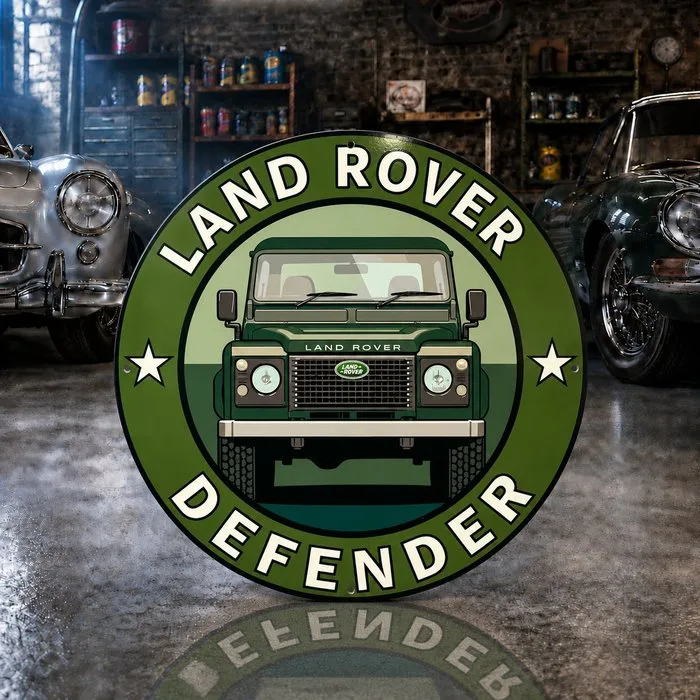Sign - Land Rover - Defender Vintage Sign – 50 cm – High Temperature Baked – Made of Thick Steel – British Off-Road Garage Decor