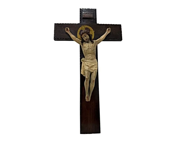 El Arte Cristiano Olot - Sculpture, Cristo de la expiración - 55.5 cm - wood paste, Brass, Wood - 1920