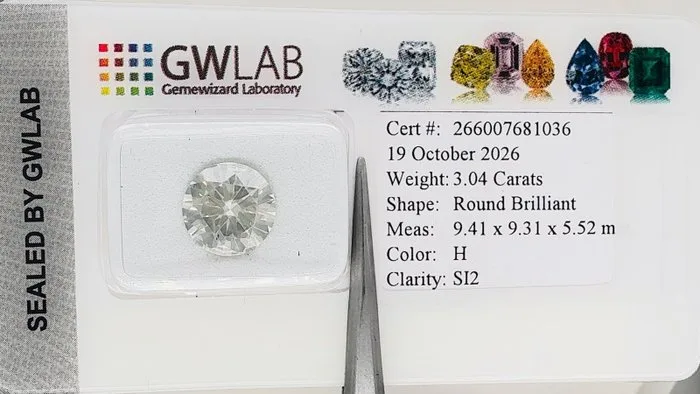 1 pcs Diamond (Natural) - 3.04 ct - Round - H - SI2 - Gemewizard Gemological Laboratory (GWLab)