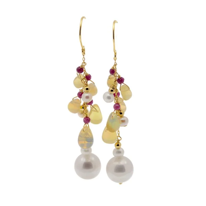 Earrings - 18 kt. Yellow gold Pearl - Opal - Ruby