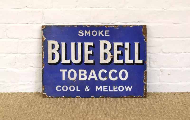 Advertising Interest Original Double-Sided "Smoke Blue Bell Tobacco" Enamel Sign Early 20th century, further