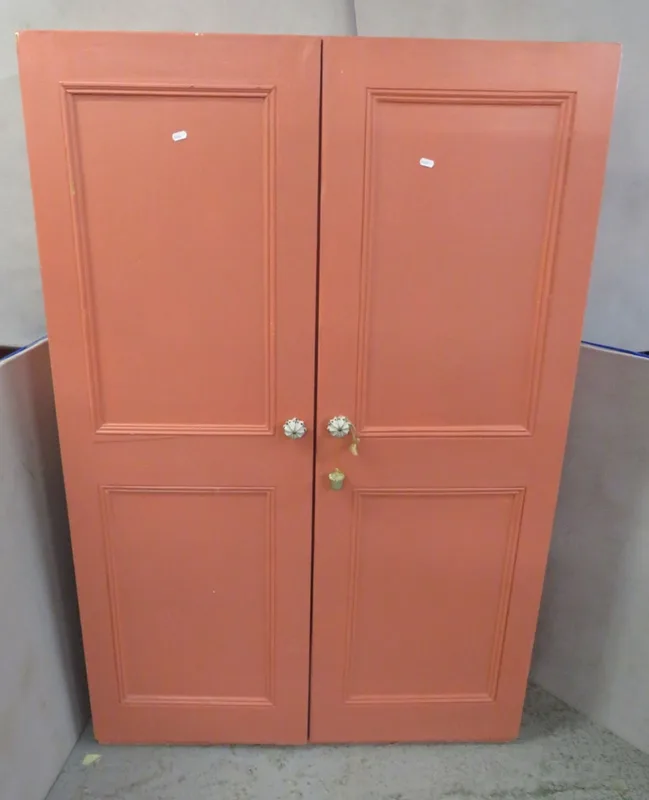 Vintage Pine Double Wardrobe, painted pink with floral handles, interior with 2 hanging rails approx.