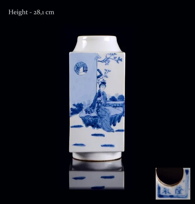 A big Chinese 'Ladies' blue and white cong vase - Porcelain - China - Qing dynasty (大清), 19/20th c., Guangxu (1875-1908, 光緒) period