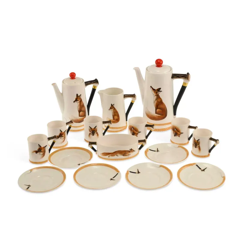 A Royal Doulton 'Reynard The Fox' Coffee Service Circa 1930 comprising of a coffee pot, hot water jug, cream jug, sugar bowl, six coffee cans and saucers