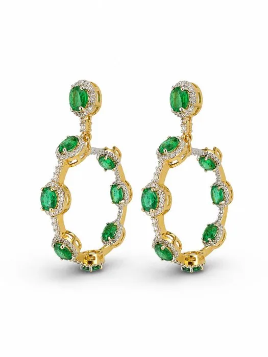 Cocktail earrings - 18 kt. Yellow gold - 5.79ct. tw. Emerald - Diamond
