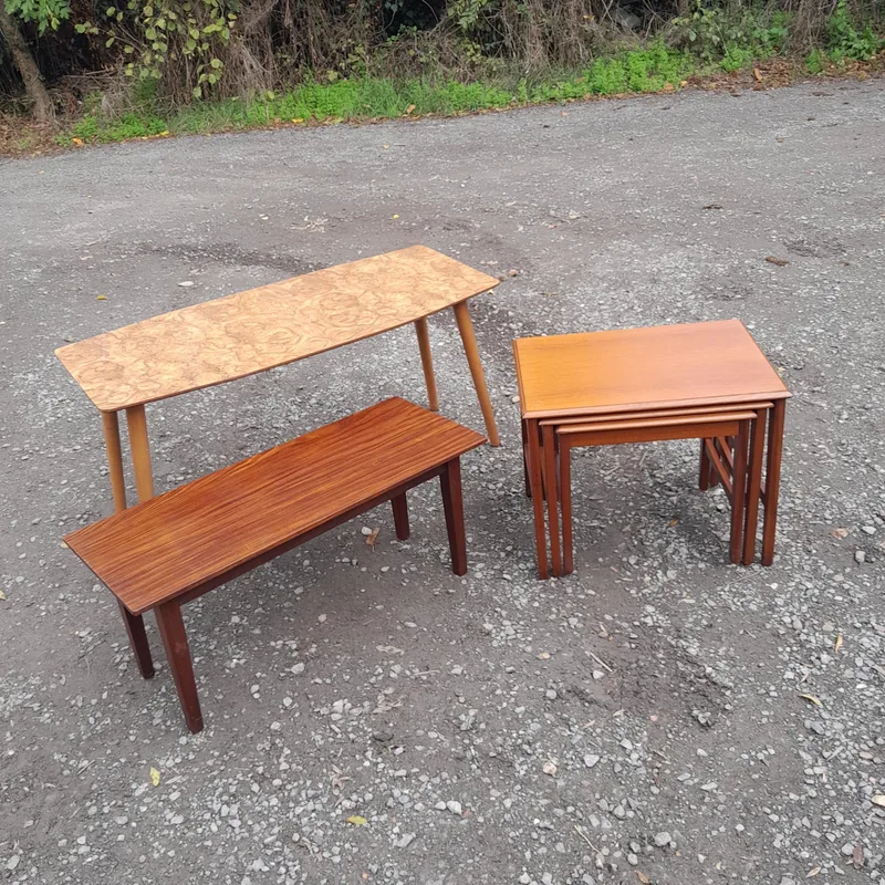 Mid 20th century Design Furniture : Remploy nest of tables, formica screw leg coffee table and one other