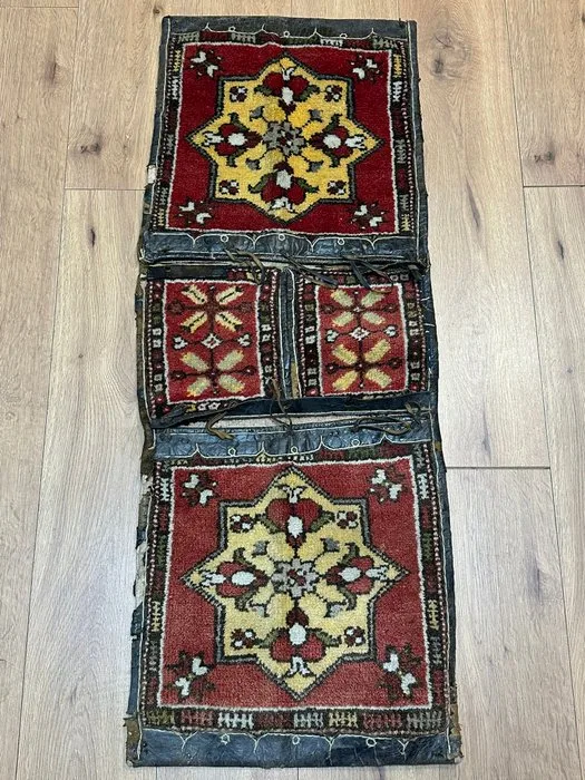 Caucasus Kazakh Salt Bag with Leather – Hand-Knotted Nomad Bag - Rug - 120 cm - 45 cm