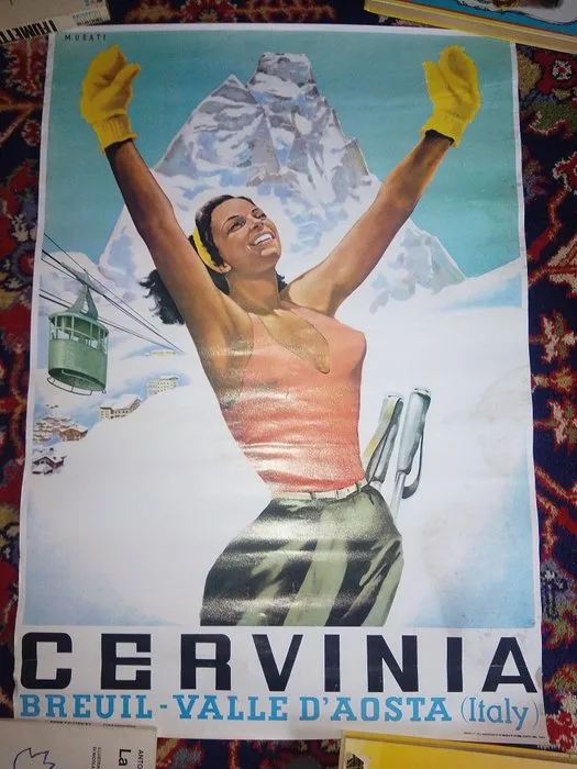 Musati - Manifesto poster pubblicitario turismo Cervinia illustrato Musati - 1970s