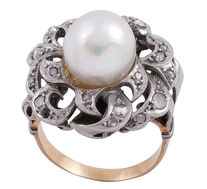 Ring - 18 kt. Yellow gold, Platinum - 6.20ct. tw. Pearl - Diamond - The Belle Époque