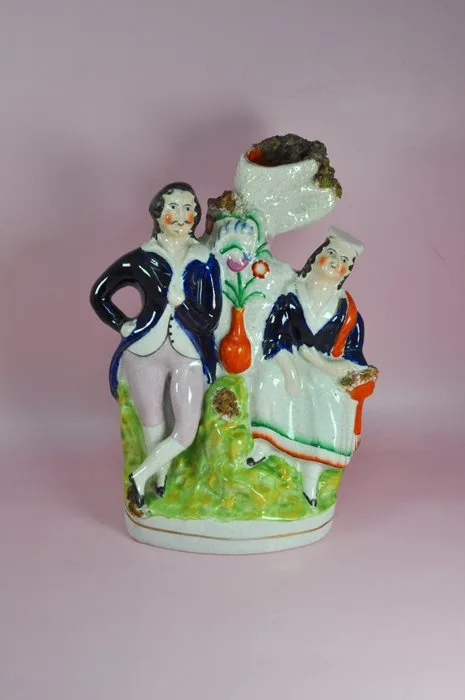 Statuette, Antique Staffordshire Courting Couple Spill Vase with Boccage | Victorian Flat back Figurine | 19th - 20 cm - Earthenware