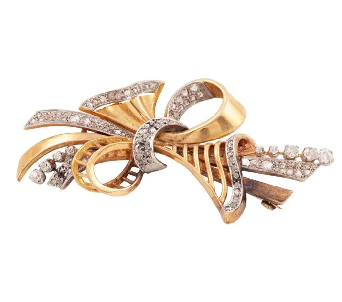 Brooch - 18 kt. Yellow gold, Platinum - 1.20ct. tw. Diamond (Natural) - Vintage Style CHEVALIER