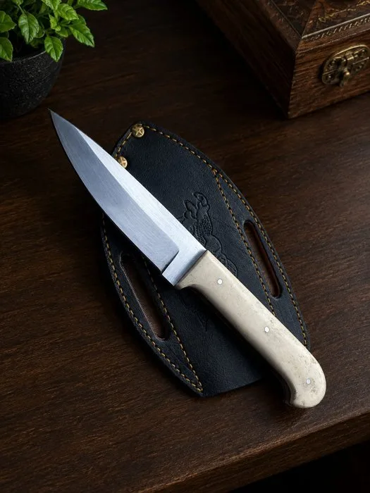 Kitchen knife - Utility knife - AA-005–High Polish-Stainless Steel-Handcrafted Knife-Bone Handle-leather sheath - Steel, Bone, Leather - Asia - Handcrafted knife