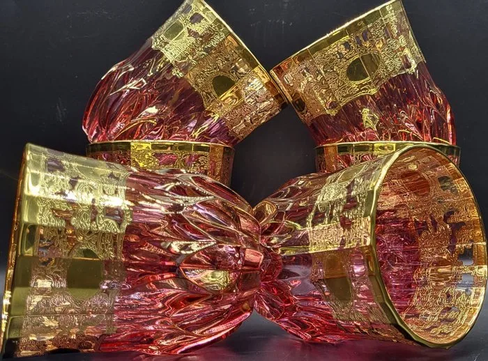 ISMIE LUX antica bottega veneta - Drinking service (6) - Superior Jewels Pink for Whisky in Gold - Crystal