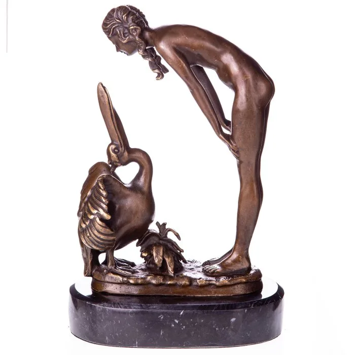Figure - Art Deco Bronzefigur Frau mit Pelikan - Bronze, Marble