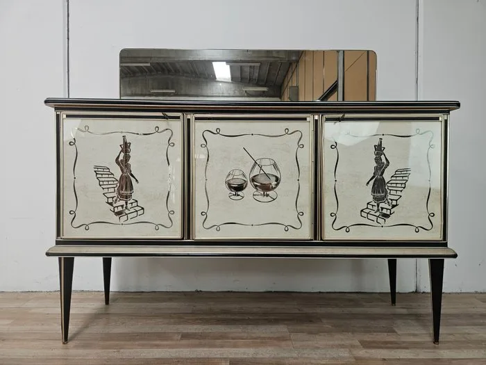 Umberto Mascagni - Credenza - 1950s sideboard by Umberto Mascagni. - Wood, Leather, PVC, Glass