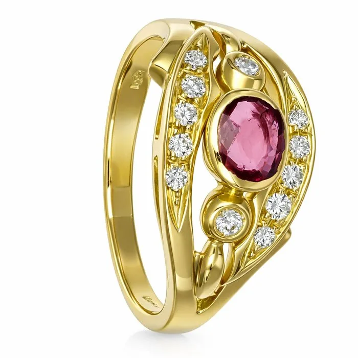 Ring - 18 kt. Yellow gold - 0.75ct. tw. Ruby - Diamond - Made in Italy - Handmade