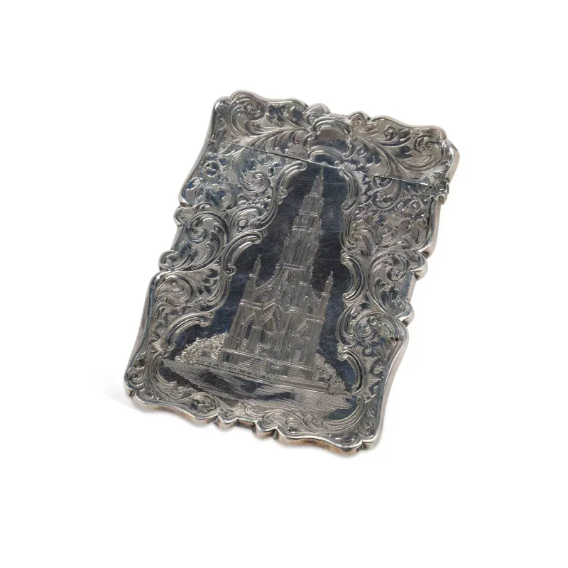 A Victorian Silver Castle-Top Card Case by Frederick Marson, Birmingham 1864, of shaped rectangular form