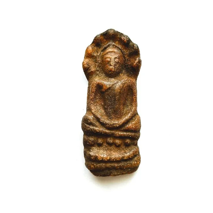 Indochinese Terracotta Sitting Buddha On Naga Throne Bead Talisman - 71 mm