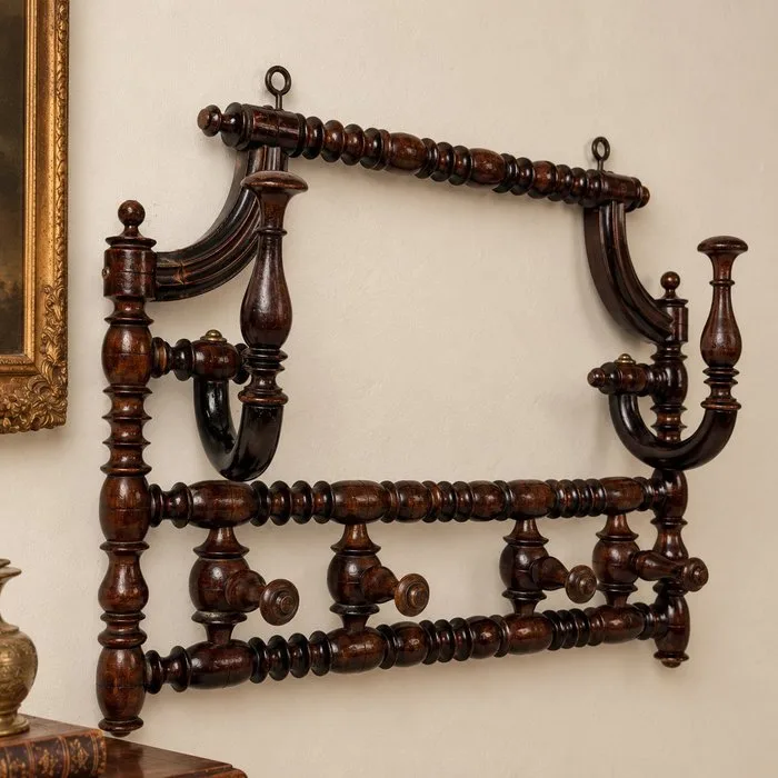 Coat rack - Antique wall-mounted coat rack from 1880–1900 - Wood, Brass