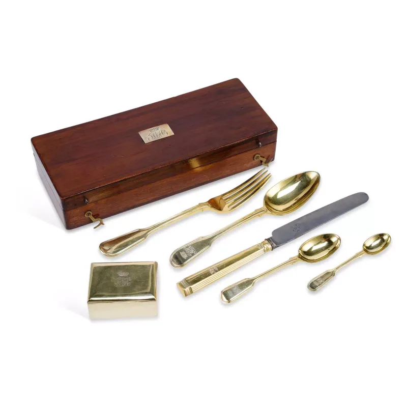 An Edwardian/ George V Silver-Gilt Cased Travelling Lunch Set the matched set with maker's including Frazer & Haws and Francis Higgins & Sons Ltd., London 1903