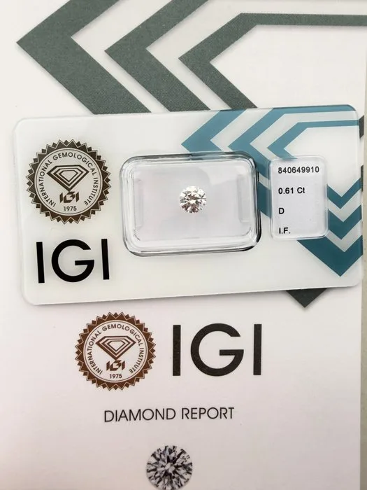 1 pcs Diamond (Natural) - 0.61 ct - Round - D (colourless) - IF - International Gemological Institute (IGI)
