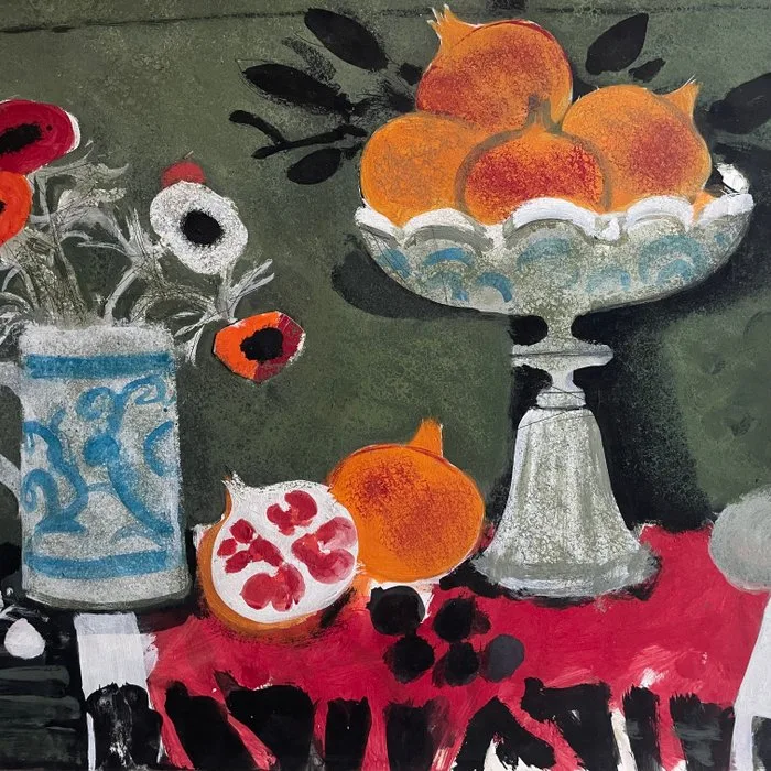 Yves Ganne (1931-2019) - Nature morte grenades - Fleurs - bouquet d'anémones