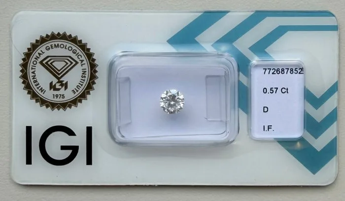 1 pcs Diamond (Natural) - 0.57 ct - Round - D (colourless) - IF - International Gemological Institute (IGI)
