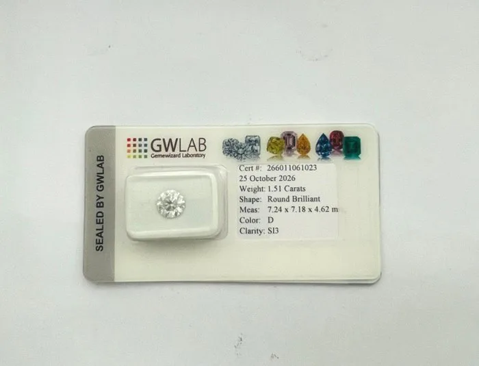 1 pcs Diamond (Natural) - 1.51 ct - Round - D (colourless) - SI3 - Gemewizard Gemological Laboratory (GWLab)