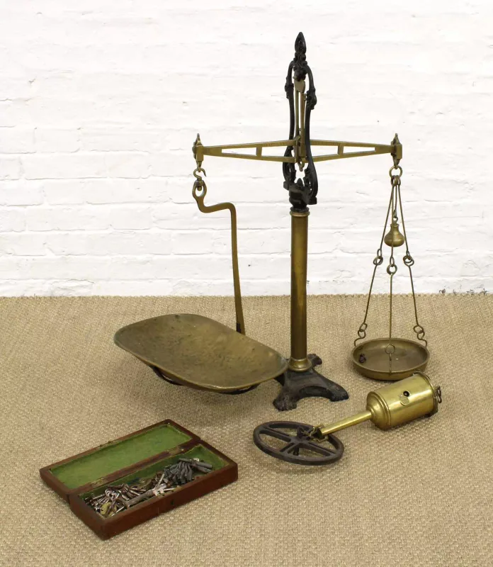 A Large Set of Victorian Cast Iron and Brass Scales With a Brass Spit and Collection of Keys A Large Set of Victorian Cast Iron and Brass Scales