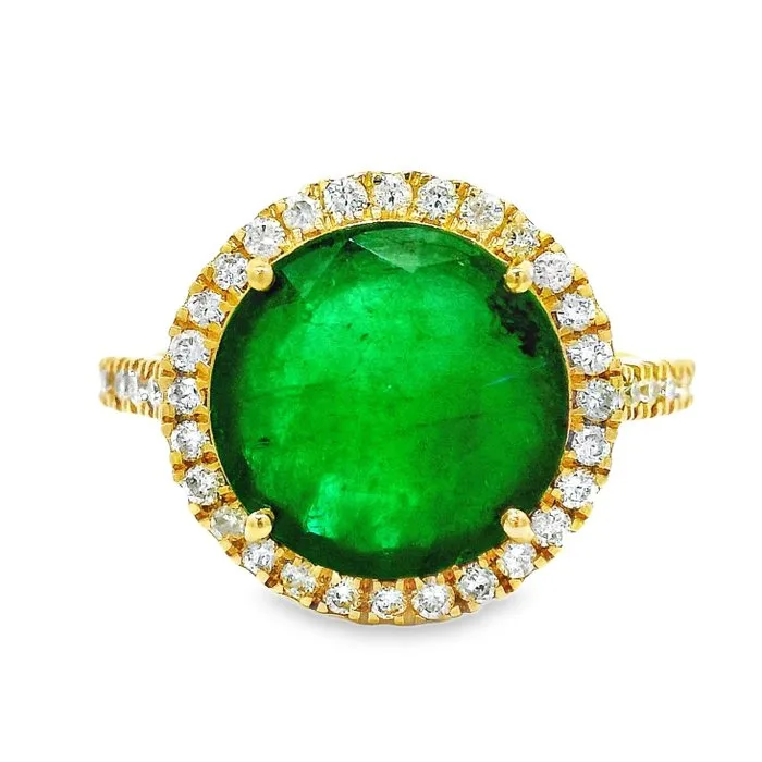 Ring - 14 kt. Yellow gold - 3.09ct. tw. Emerald - Diamond - Round cut Emerald Ring