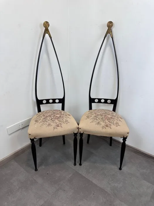 Pozzi e Verga - Chair (2) - Gilt brass, Cotton damask, ebonized wood