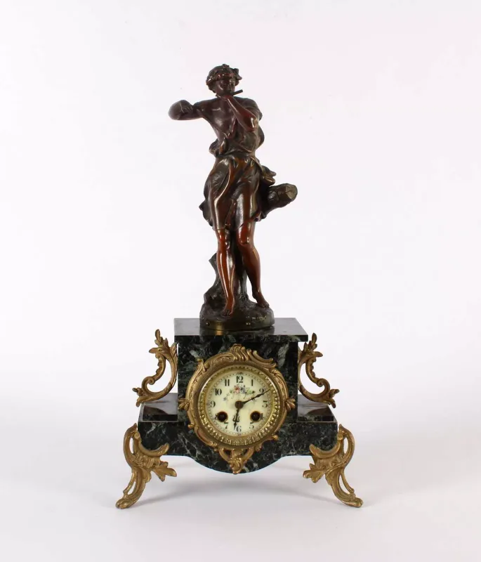 A Late 19th Century French Marble Mantel Clock with Figural Surmount After Ferrand A Late 19th Century French Marble Mantel Clock