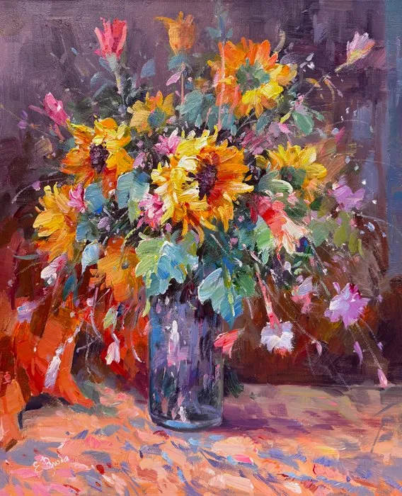 Ekaterina Dzuba (1982) - Tournesols & Fleurs des Champs - Bouquet Impressionniste