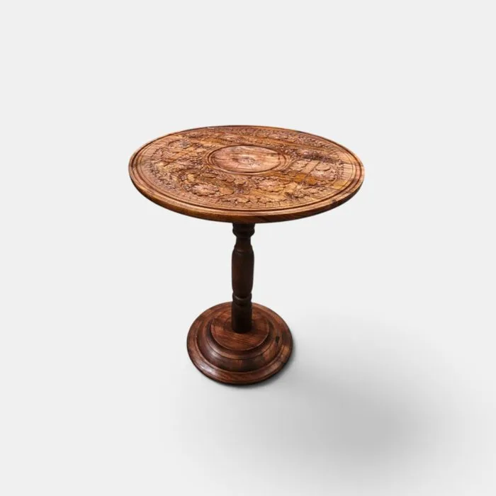 Exquisite Hand-Carved Wooden Pedestal Table – A Celebration of Traditional Artisan Craftsmanship - Side table - Hand-Carved Wooden Pedestal Table – Intricate Floral Relief Design – Traditional Pakistani - Wood
