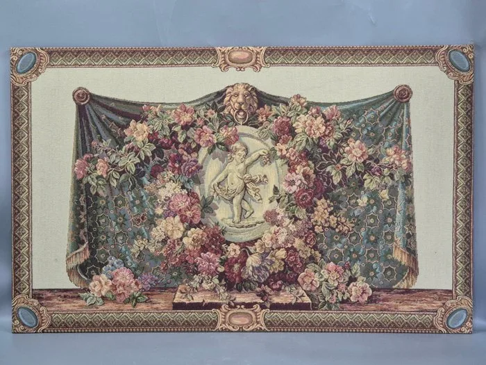Klassischer Wandteppich Gobelin mit Putto Motiv & Üppiger Blumengirlande - Tapestry - 66 cm - 106 cm