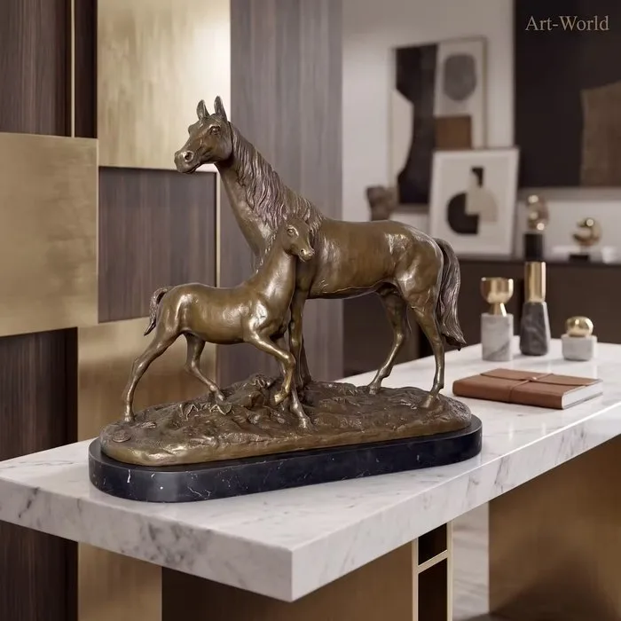 Statue, Exclusief sculptuur van een paard met veulen 41 cm / 11.6 kg - 34 cm - Bronze, Marble