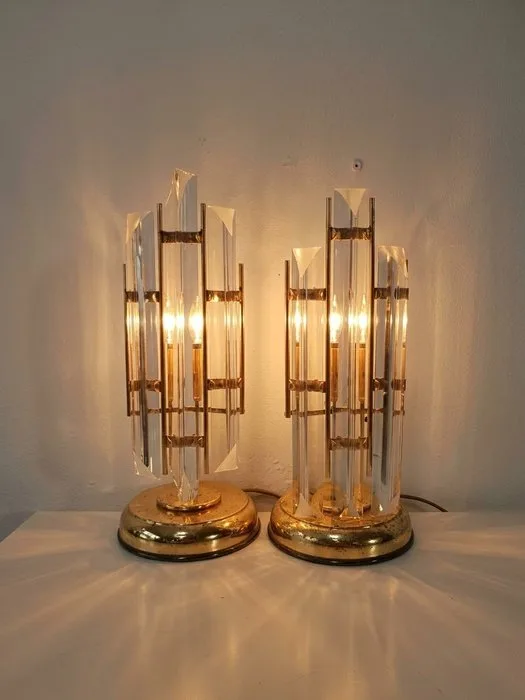 Wall lamp - Pair of Art Deco / Mid-Century table lamps – Carved rock crystal and gilded metal – Style - Crystal, Metal - Pair of table lamps