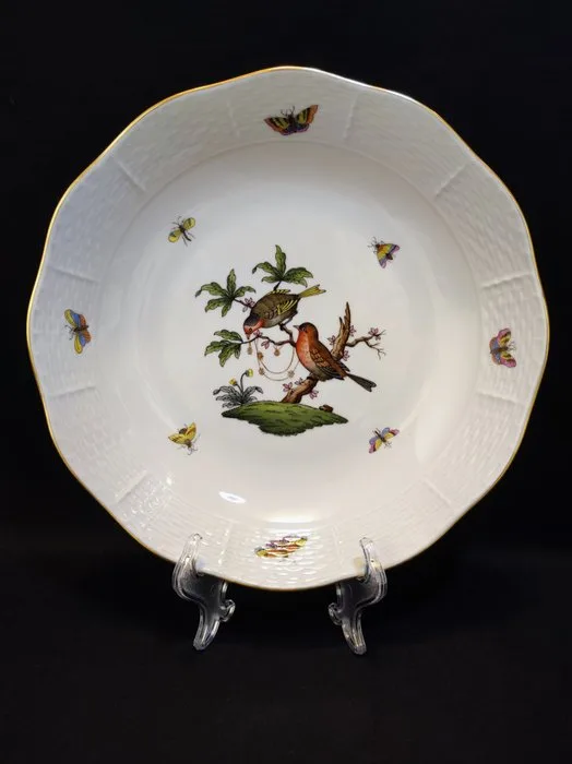 Herend - Dish - 82/RO runde Obstschale/Beilagenschale Ø/H 25,5x5,3 cm Rothschild mit Goldrand - Porcelain