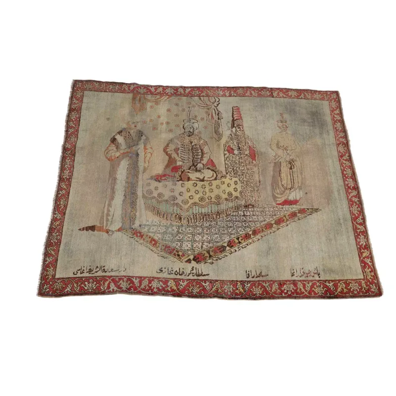 A Turkish Pictorial Rug woven with a court scene, the sultan seated beneath a canopy and attended by courtiers, with