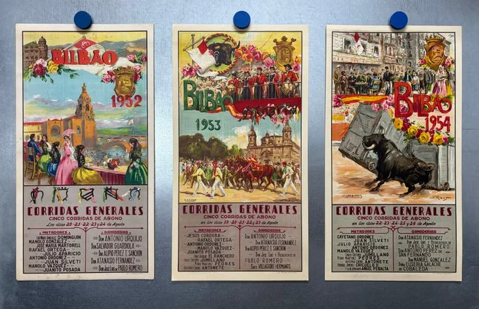 Luis Garcia Campos, Latorre y Juan Reus - 3 carteles - Plaza Toros de Bilbao (Spain) - Litho. - 1952, 1953 y 1954 - 1950s