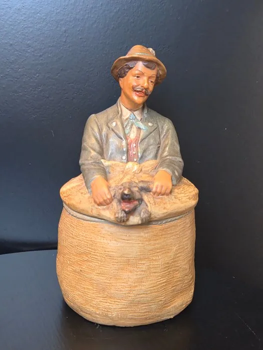 Jar - Antique Terracotta Tobacco Jar Figural Humidor, Tyrolean Man with Dog in Woven Sack, Austrian - Terracotta
