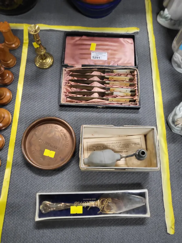 A cased set of Mother of Pearl fruit knives; and Atlas Spray