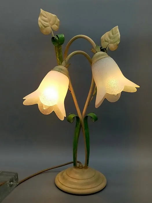 D.L.L. Jugendstil Tischlampe – Metall & Frotté-Glas Blumen-Design - Table lamp - Metal, Glass