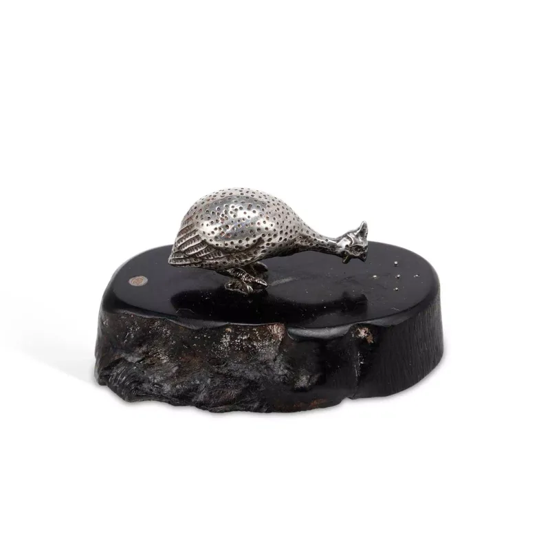 Patrick Mavros: A Silver Miniature Model Of A Feeding Guinea Fowl marked Pm, mounted on an ebonised hardwood base.