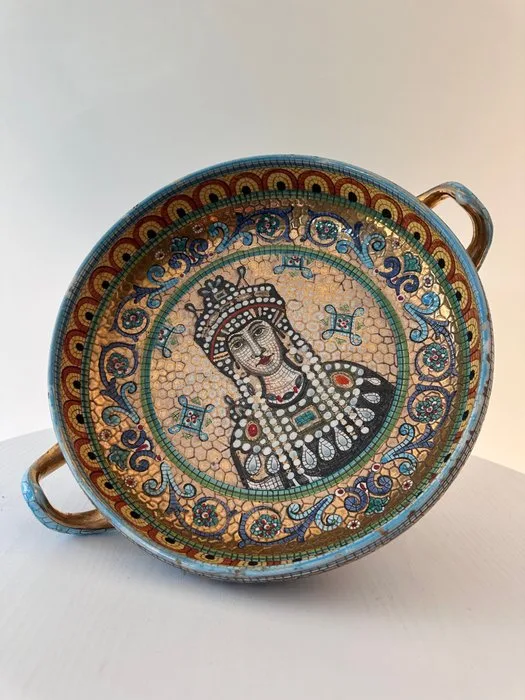 Bowl - Vintage Gialletti Deruta Byzantine Mosaic Style Majolica Footed Bowl / Centerpiece - Ceramic