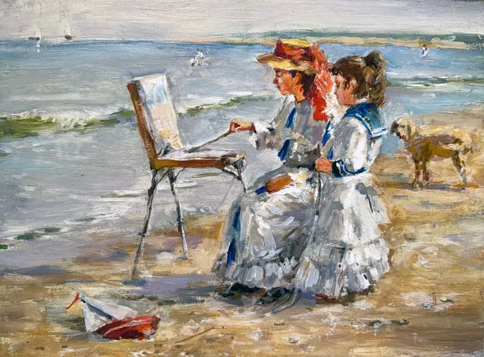 Mikhail Kraiev (1957) - Plage Normande - Fillettes Artistes en Plein Air