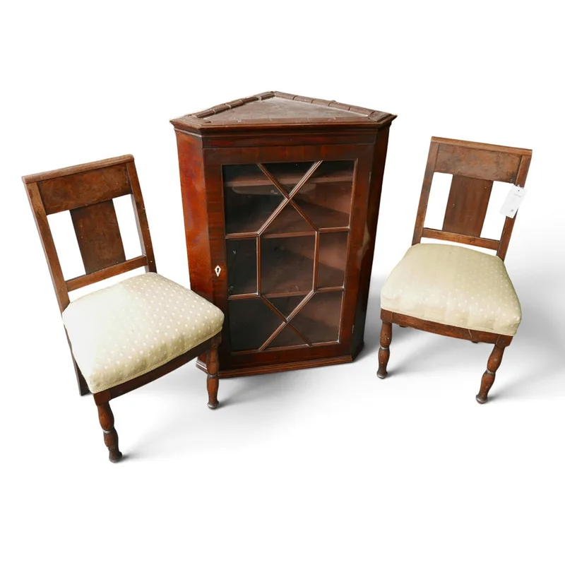 A 19th Century Corner Cupboard and a Pair of Chairs