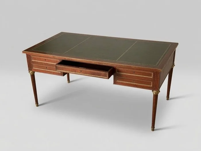 Table - French Louis XVI Style Mahogany Bureau Plat Writing Desk - Wood, Brass, Leather